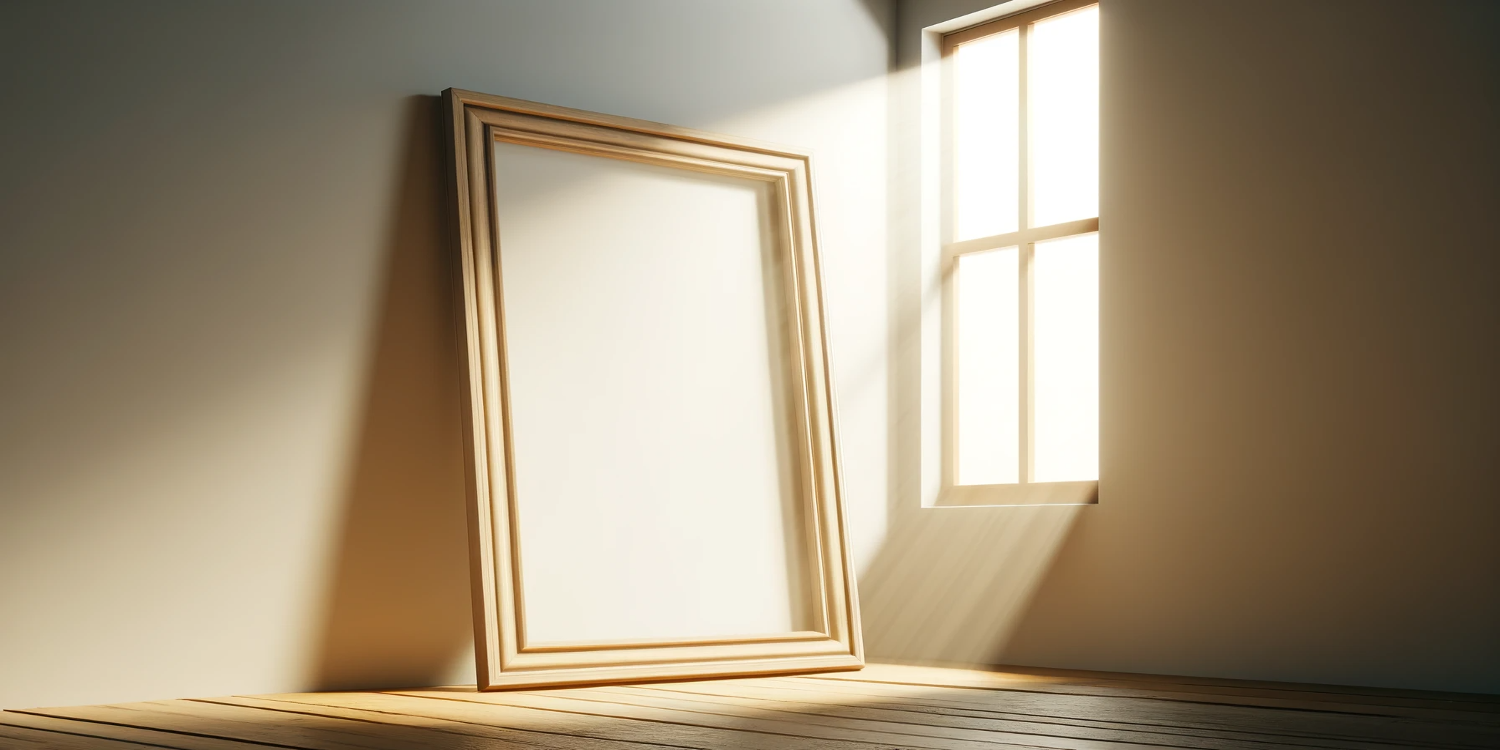 an empty frame and rays of lights shining on it from a window