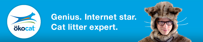 Advert execution reading "Genius. Internet star. Cat litter expert." next to Rufus and the okocat logo