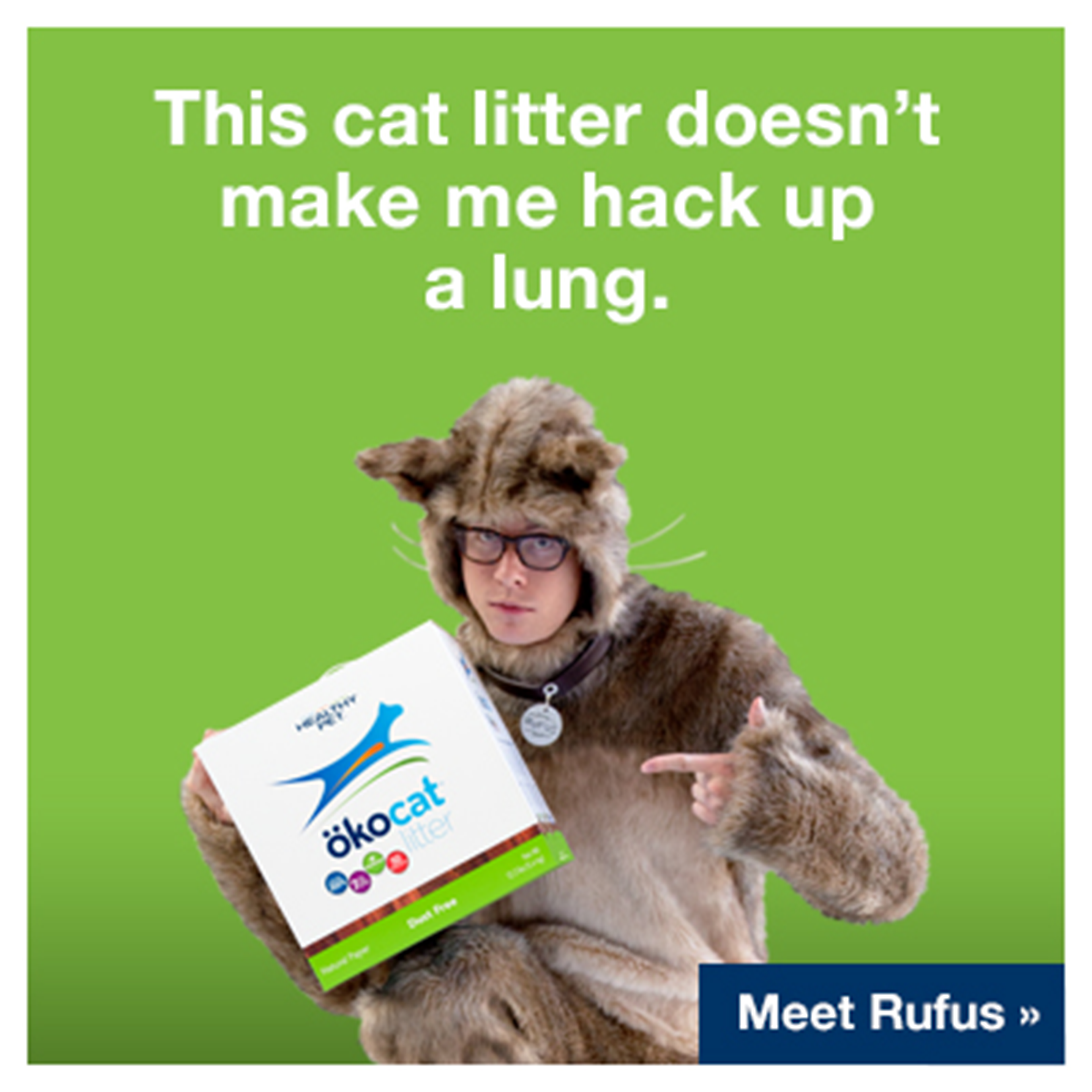 Advert execution with Rufus the cat holding a box of cat litter. The ad reads "This cat litter doesn't make me hack up a lung"