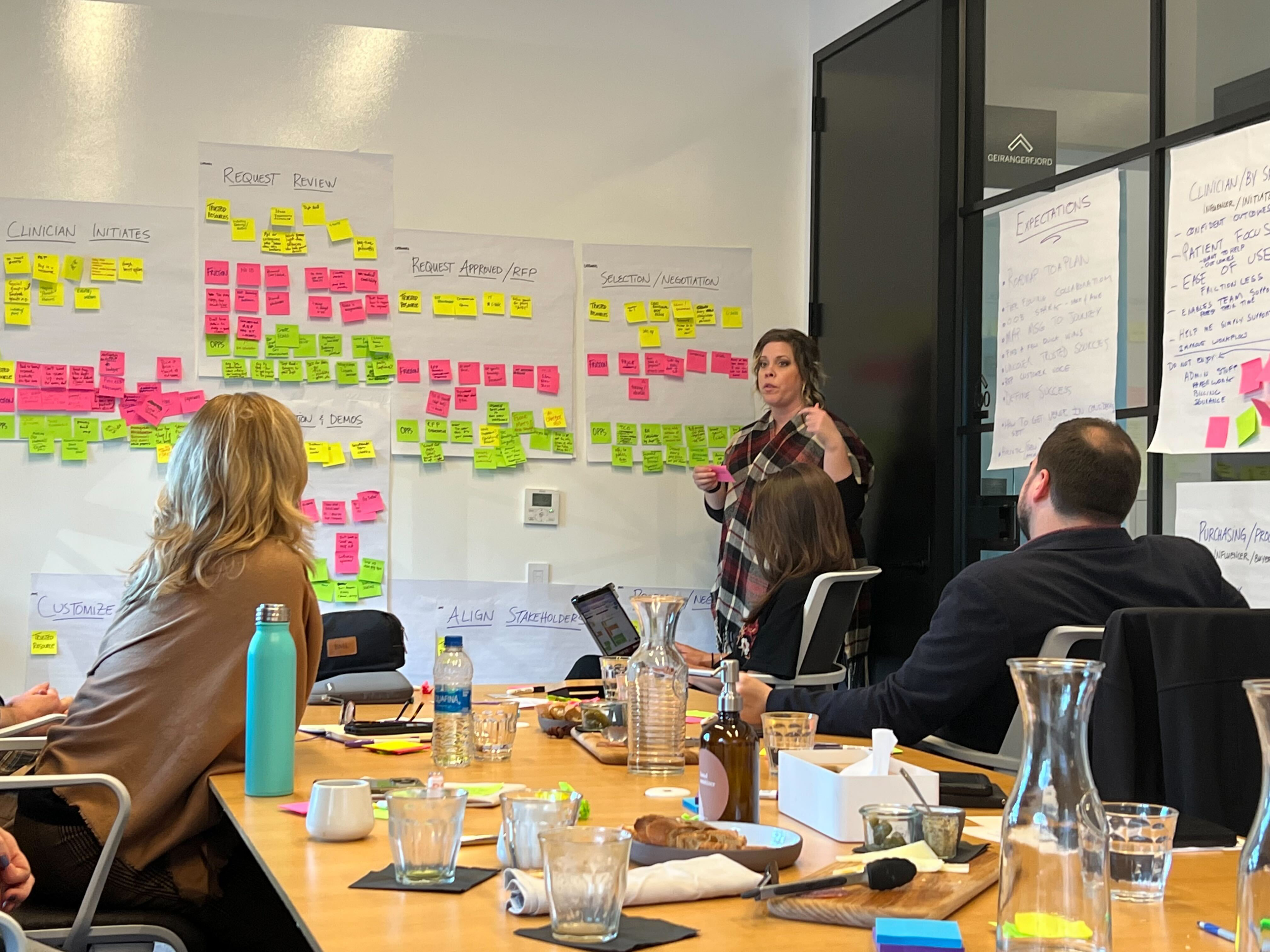 A workshop with 3 people around a table, with lots of post it notes on a wall