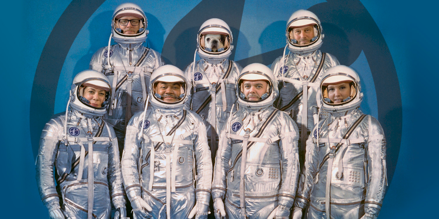 7 Team members (one a dog) photoshopped into space suits
